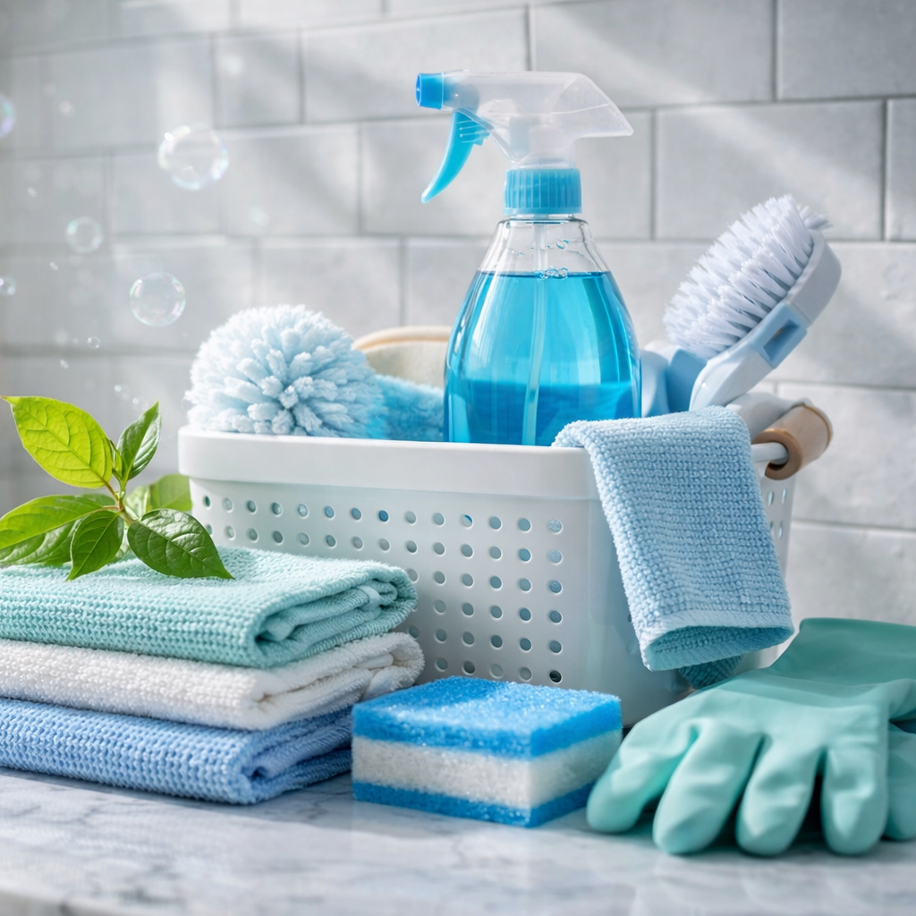 Close-up of cleaning products and gloves
