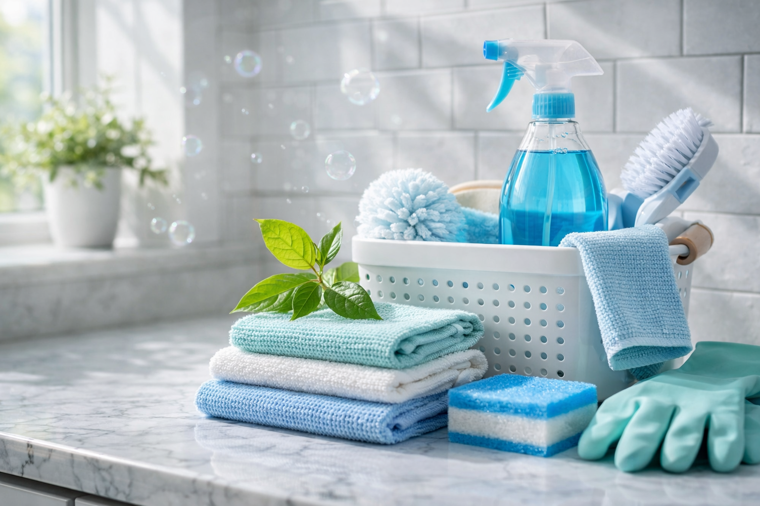 Bright cleaning supplies on a white marble counter